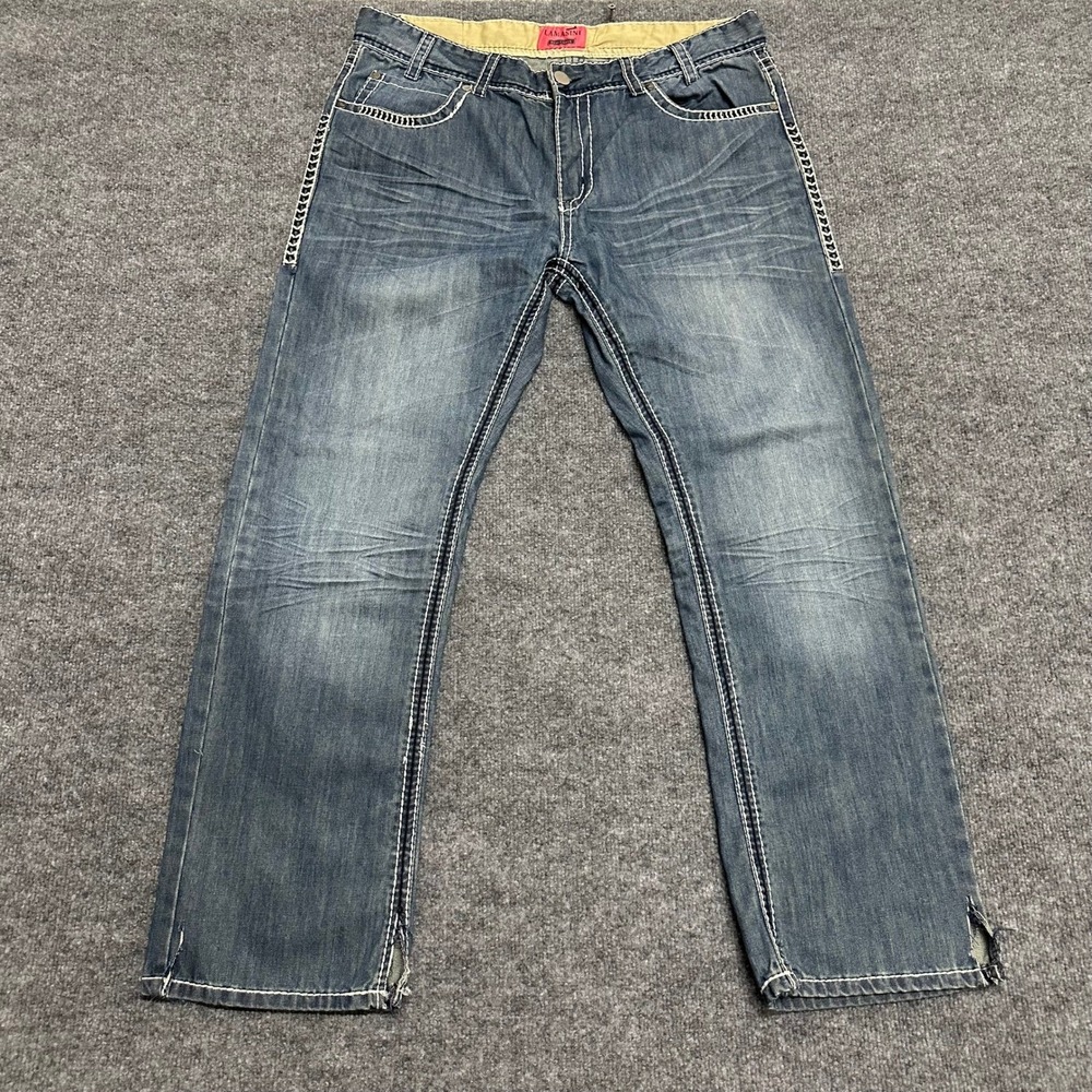 Lamasini Jeans Mens Size 38/30 Blue Thick Stitch Contrast Relaxed Flap Pocket